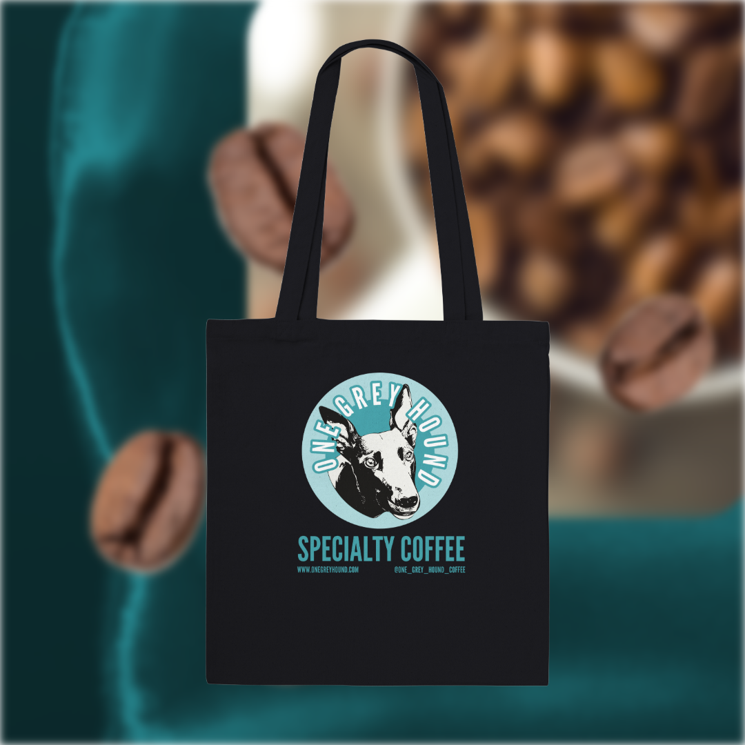 Premium Logo Tote Bag featuring One Grey Hound specialty coffee design, perfect for coffee lovers and greyhound advocates.